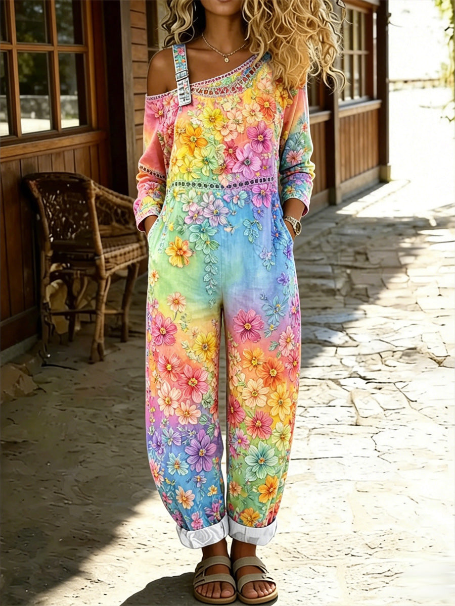 Women's Retro Style Floral Art Print Washed Cotton Denim Patchwork Jumpsuit